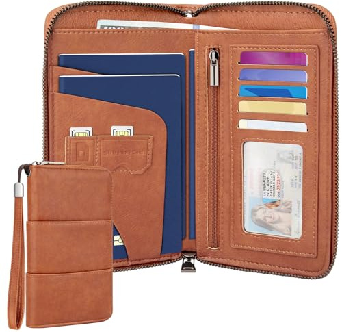 Faneam Reisepass Tasche Familie, Reiseorganizer für Dokumente mit RFID Schutz, Reiseorganizer aus PU-Leder, Tragbare Reisepasshülle Ausweistasche für Pässe, Karten, Bargeld (Braun)