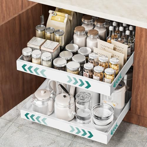 HG PLVTII Ausziehbarer Schrank Organizer, 31-52 cm Breitenverstellbar, Weiß | Erweiterbare Teleskopschublade für Küchenschränke, 42cm tief Schrankauszug, Slide-Out Drawer für Küche & Vorratsraum