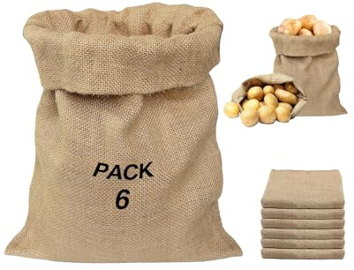 SEESUNO 6 Pack Extra Large Hessian Storage Sacks (40x60cm), Natural Jute Fabric Reusable Drawstring Bags for Potatoes, Vegetables, Coffee Beans & Sand