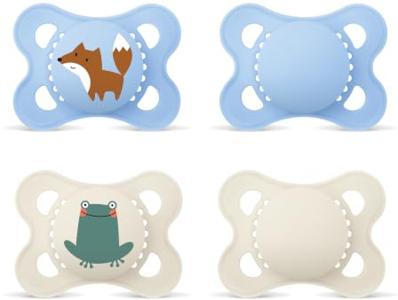 MAM Original Schnuller 0-6 Monate, 4er-Set, Fuchs/Frosch | Zahnfreundliche symmetrische Sauger-Form aus weichem MAM SkinSoft Silikon, angenehm für empfindliche Babyhaut, 4 im Set
