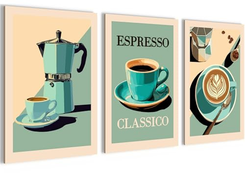 Novart Bilder Set Küche - KEIN EXTRA RAHMEN BENÖTIGT - Wandbilder für Küche - 3 Teilig Deko Kaffee - N041836a