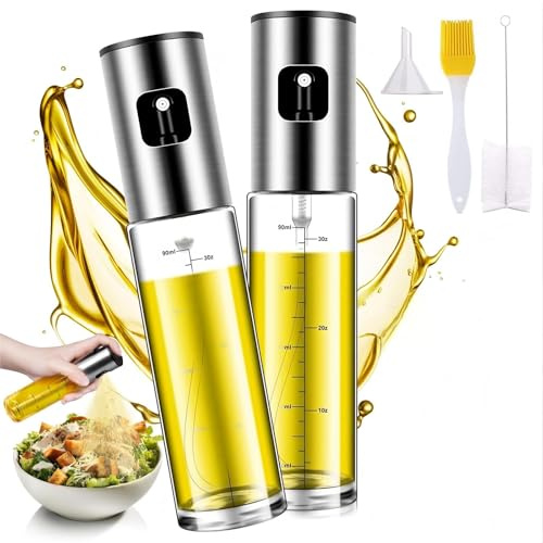 PUWOWYE 100 ML oil sprayer aus Glas und Edelstahl, 2er Ölsprüher für Speiseöl mit Skala & Trichter, Multifunktionaler öl sprühflasche für Heißluftfritteuse, Backen, Grillen, Salat, Küchen Gadgets