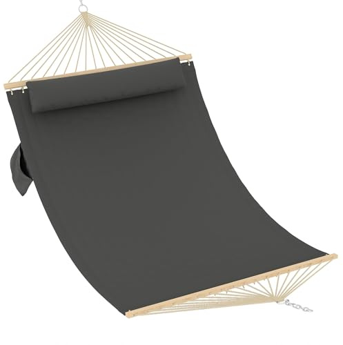 GarveeLife Double Hammock 2-Person with Pillow, Wooden Spreader Bar and Chains, Extra Large 200 x 140 cm, Load Capacity 204 kg, Swing Bed for Patio Porch Garden Lounging Outdoor and Indoor Dark gray
