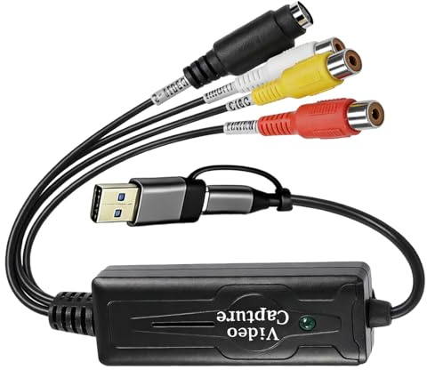 Behogan Convertisseur RCA AV vers USB, convertisseur VHS vers numérique, USB 2.0 + Type C, adaptateur de carte de capture vidéo 1 canal AV NTSC PAL Video S Vidéo/Composite vers USB/Type C