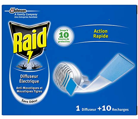 Raid ® Eléctrico en Pastillas - Pack 4 aparato anti mosquitos comunes y tigre. Enchufe sin líquidos con hasta 10 horas de protección. Incluye 4 Difusores + 40 Recambios en pastilla