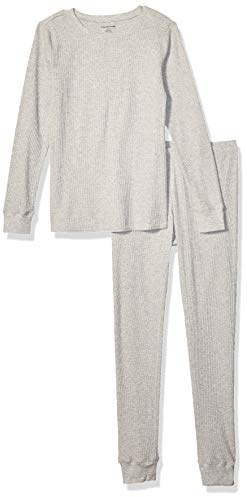 Amazon Essentials Donna Set Pigiama a Nido d'Ape Vestibilità Aderente, 2 Pezzi a Maniche Lunghe, Grigio Puntinato, L