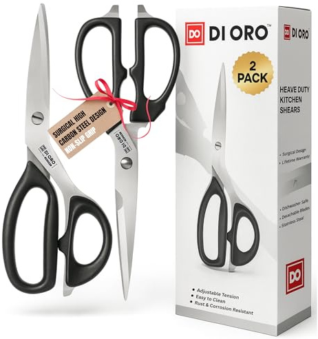 DI ORO® - Lot de ciseaux de cuisine en acier inoxydable - Excellents pour la volaille, la viande, les herbes et plus - Ciseaux polyvalents et classiques - Vont au lave-vaisselle (Lot de 2 pièces)