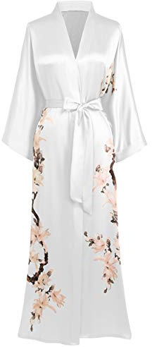 BABEYOND Dam morgonrock kimono blommor gren tryckt maxi lång damer badrock päronblommor strandjacka brud möhippefest sovrock, Vit, En Storlek