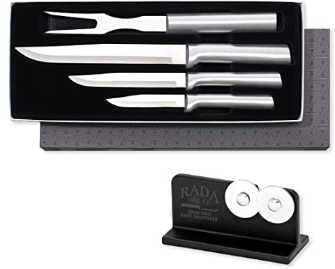 Rada Cutlery Prepare Then Carve Gift Set (S3C) with Quick Edge Sharpener (R119), 4-Piece Knife Set and Knife Sharpener, Stainless Steel Blades, Silver Handle