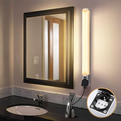 Aigostar Lámpara LED de Espejo con toma de corriente 66.5cm 15W 1350LM Lámpara de Baño 4000K Luz natural Lámpara LED de Pared IP44 230V Luz de Espejo de Baño de Blanco Apliques Espejo de Baño