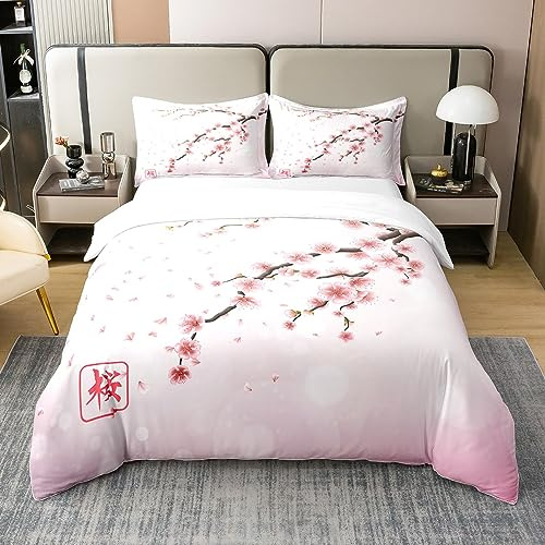 Homewish Coton, Housse de Couette 140x200 Fleurs de Cerisier, Ensemble de Literie Style Japonais Romantique, Parure de Lit Floraux Botaniques pour Femmes Filles Couples Adolescents, Rose