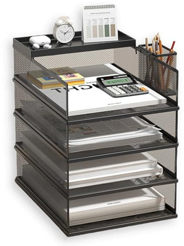 5 Tier Stackable Letter Tray Office Desk Paper Organizer File Trays, Desktop Holder for Paper Letter Accessories with Pen Holder (4)