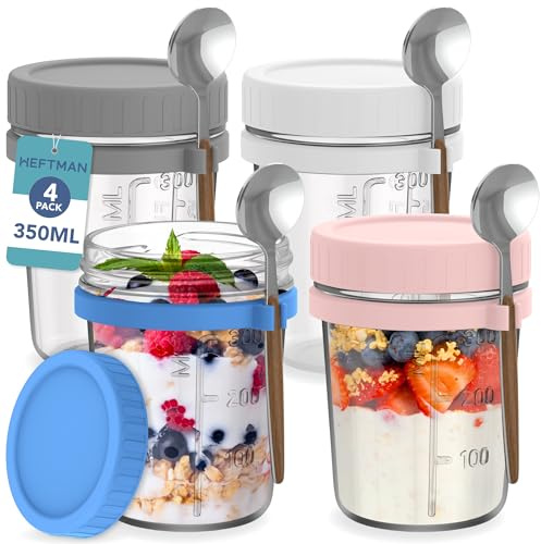HEFTMAN Glasburkar med lock för övernattning, havre med lock – 4-pack 350ml över natten havreburk med skedar och lufttäta färgglada plastlock, livsmedelssäkra frukostgrytor för yoghurt, chiapudding