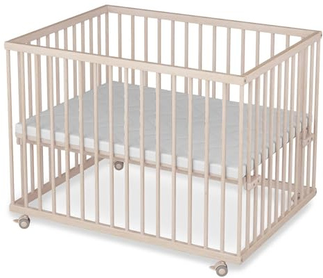 Sämann Laufstall Baby mit Lattenrost und Matratze | stufenlos höhenverstellbar | Laufgitter Premium | Babybett aus Holz | Krabbelgitter (natur, 75x100 cm)