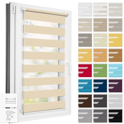 Estika Doppelrollo Klemmfix ohne Bohren, Breite alle 1 cm - 70 cm x 150 cm - Beige - Tag und Nacht Duo Rollo, Rollos für Fenster ohne Bohren, Fenster sichtschutz