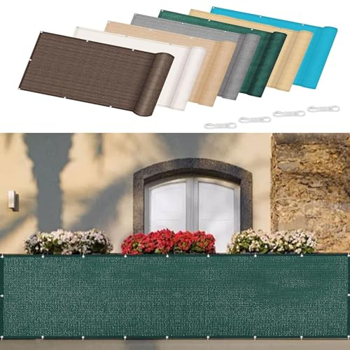 Brise Vue pour Balcon 60 x 500 cm avec Œillets Cordons Habillage de Balcon avec Attaches de Câble et Cordons pour Patio Balcon Terrasse, Vert Foncé