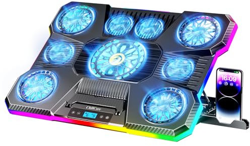 ChillCore Laptop Cooling Pad, RGB Lights Laptop Cooler 9 Fans for 15.6-19.3 Inch Laptops, Gaming Laptop Fan Cooling Pad with 8 Height Stands, 2 USB Ports - A21 Blue
