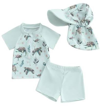 Maillot de Bain Bébé Garçon Anti UV T-Shirt Manches Courtes et Short de Bain Ensemble 3 Pièces Costume de Natation Piscine Plage (Vert Tortue, 18-24 Months)