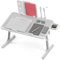 ejlaikmm Bureau d'ordinateur portable pour table de lit de lit avec hauteurs et angles réglables, bureau de plateau à rebord pliable avec tiroir de stotage, étagère, léger et venti Gris