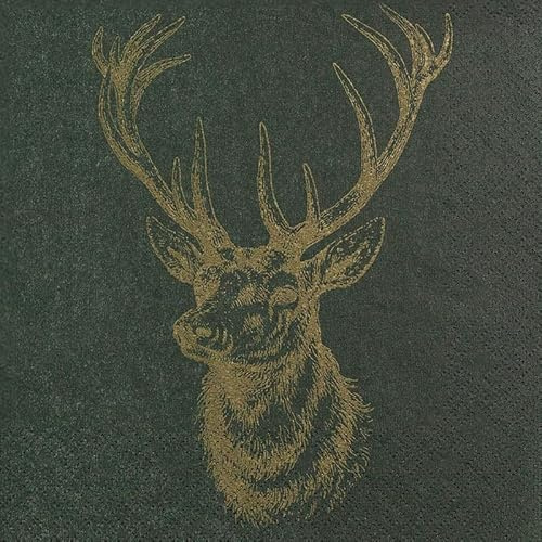 Home Fashion 20 Servietten Tiere Klassischer Hirschkopf grün-gold als Tischdeko. Papierservietten weihnachtlich mit Motiv. Auch für Decoupage und Serviettentechnik 33x33cm
