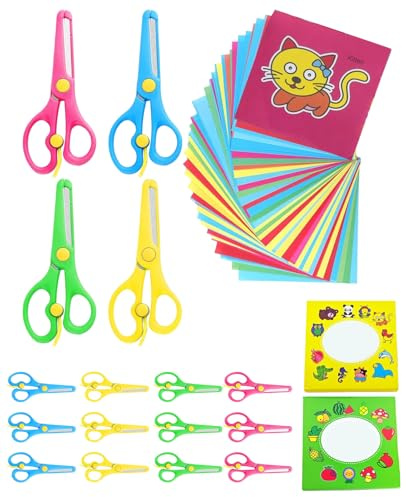 SEESUNO 12Pcs Safety Scissors for Kids, Childrens Scissors with Safety Edge Plus Stretch Design, Include 192PCS Colorful Paper Cuts