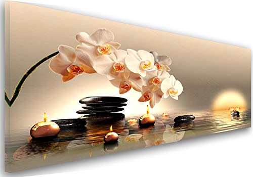 Feeby Leinwandbilder - Deko Bilder - Orchidee Zen Steine Beige - Canvas 90x30 cm 1tlg- Wandbilder Schlafzimmer - Aesthetic Room Decor - Modern Wanddeko - Bild auf Leinwand - Fertig Gespannd