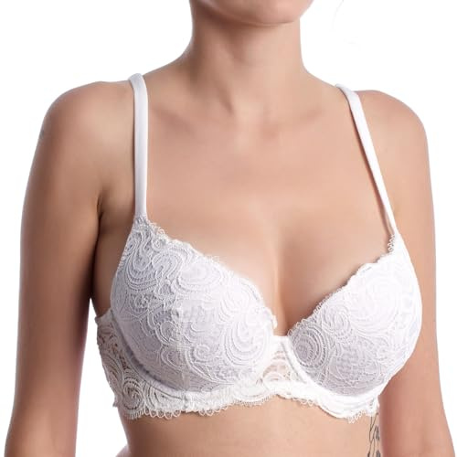 LORMAR 1 Pezzo Reggiseno Donna Frizzante Plunge in Pizzo con Ferretto - Coppa B - C - D, Bianco 3B