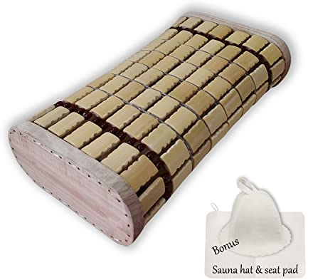 NOVALTY Bamboo Sauna Headrest Pillow, 100% Natural Handmade Wood Sauna Pillow Sauna Neck Rest Sauna Accessory, Bonus Sauna Cap and Seat Pad Included, Summer Cool Cervical Spine Pillow (1 Set)