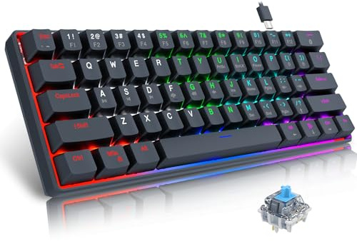 RAZEAK Teclado portátil 60%, compacto 61 teclas mini teclado mecánico para PC / Mac Gamer conmutable colorido retroiluminado - Interruptor azul - Negro