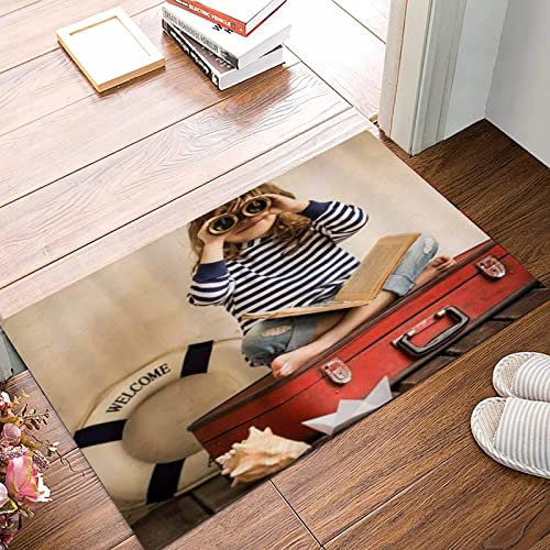 Weich Badezimmerteppich 50x80 cm,Kleines Mädchen, das ein Teleskop hält, das auf einem Gepäck-Rettungsring sitz,Rutschfest waschbar Badematte, Badteppich Mikrofaser Saugfähig Badvorleger Duschvorleger