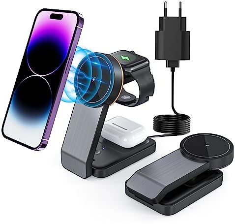 Tigratigro Caricatore Wireless per iPhone con Mag-Safe, 3 in 1 Ricarica Rapida Stazione Magnetica Pieghevole portatile Charger per iPhone 12/13/14/15/16, AirPods 2/3/4/Pro, Watch - Nero
