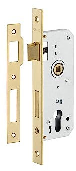 Serratura da infilare a cilindro per porta d'ingresso, asse 50 mm, 4 catenacci, piastre estremità tonde, ottone - THIRARD