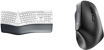 CHERRY KC 4500 Ergo, ergonomische Tastatur, Deutsches Layout (QWERTZ), weiß-grau & MW 4500, kabellose Maus, ergonomische Rechtshändermaus im 45° Design, 6 Tasten und Scrollrad, schwarz