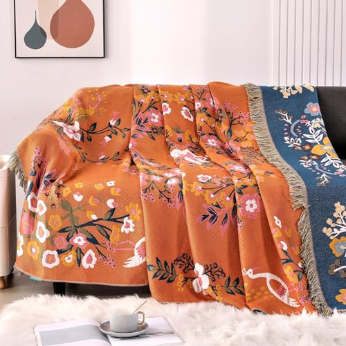 DECMAY Double-sided Throws for Sofas Large, Boho Sofa Throw Blanket with Tassels, 100% Organic Cotton Sofa Throws Large 2 3 4 seater for Bed Armchair and Couch, 150x200CM(60×80In)