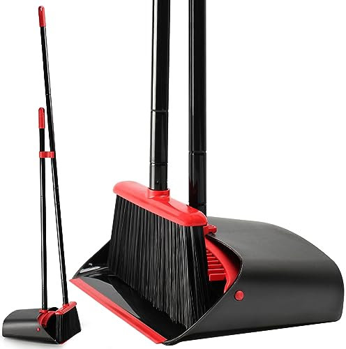 TreeLen Dust Pan and Broom/Dustpan Cleans Broom Combo with 52 Long Handle for Home Kitchen Room Office Lobby Floor Use Upright Stand Up Broom and Dustpan Set - Black/Red