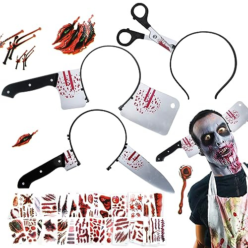 Sprinlot Halloween Haarreifen Set, 3 Stück Horror Haarreif Tattoo Aufkleber, Halloween Stirnband mit Hackmesser Messer Schere, Kostüm Requisiten Fasching Karneval Party Cosplay