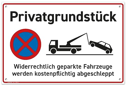 HAGEFOL® Parken Verboten Privatgrundstück Schild (30x20 cm, groß), mit 4 Bohrlöchern, Parkplatzschild für Privatparkplatz, Einfahrt freihalten Schilder