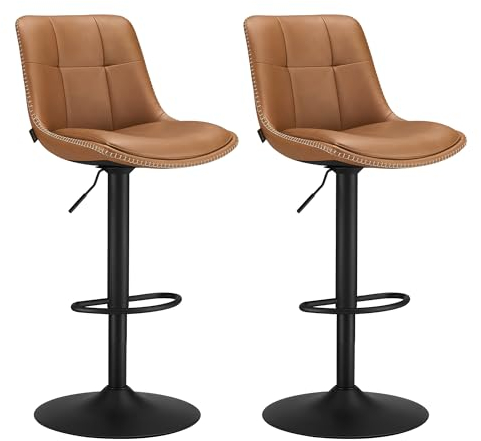 VASAGLE Barhocker 2er Set, Barstühle höhenverstellbar, drehbare Küchenhocker, gesteppter PU-Bezug, mit Rückenlehne und Fußstütze, Esszimmer, Theke, Stahl, karamellbraun LJB095K01