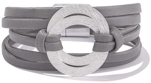 Grey Boho Interlock Circle Leather Wrap Bracelet Stackable Layered Jewelry