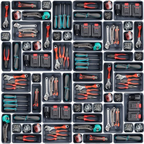 Set de 45 Cajas Organizadoras Cajones, Cajas Herramientas Almacenaje Plastico, Herramientas Mecanico Tornillos Accesorios y Piezas Pequeñas Organizador, Adecuado Aara Taller Mecanico Cochera, gris