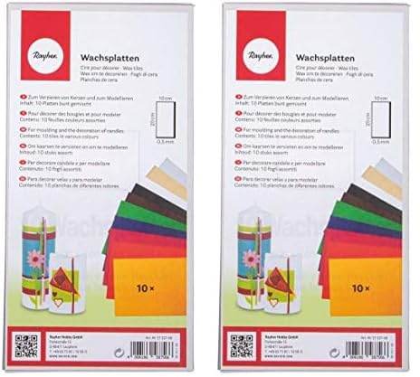 Rayher 3102749 Verzierwachs, Set 10 Verzierwachsplatten, je 20 x 10 cm, Farben Sortiert, Wachs zum Kerzen verzieren, Kerzenwachs, Wachsfolie (Packung mit 2)