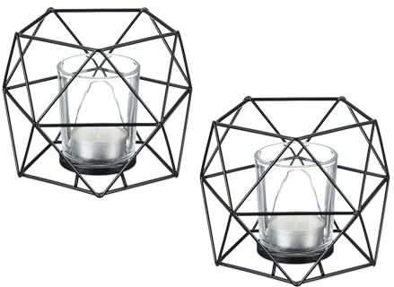 Relaxdays Teelichthalter, 2er Set, Metall, geometrisch, HxBxT: 10 x 13 x 12 cm, Kerzenständer mit Votivglas, Farbwahl | H x B x T: 10 x 13 x 12 cm, Kerzenständer mit Votivglas