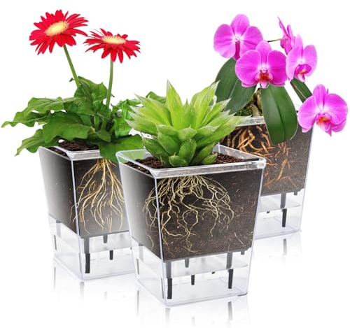 IWTTWY Self Watering Plant Pot Set Pack of 3, Modern Clear Planters for Indoor Plants with Reservoir and Wick Cord, Flower Pots for Orchid, African Violet, Rose, Tulips (3 Medium)