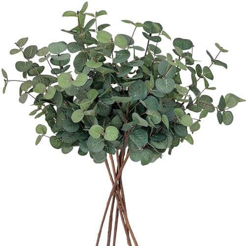 HNNFMY 6 Bunches Artificial Flowers Green Artificial Eucalyptus Stems,Faux Silk Eucalyptus Branch Fake Green Foliage Greenery Stem for Flower Arrangement Wedding Centerpiece Decor