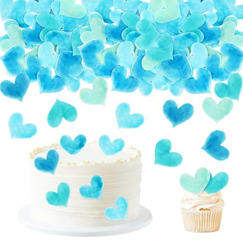 Blumomon 50 Stück Blau Essbare Herzförmige Kuchen Dekoration Herzförmige Cupcake Topper Valentinstag Hochzeit Party Braut Dusche Dekorationen Zubehör