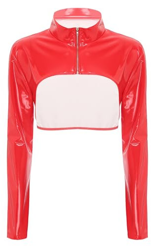 inhzoy dam wetlook topp lack läder crop jacka magfri långärmad latex läderskjorta med ståkrage dragkedja fest klubbkläder rave gogo, röd, XL