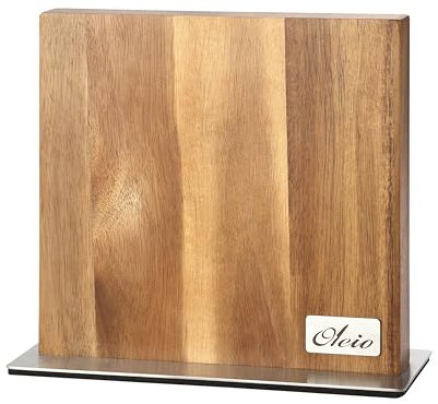 Oleio Magnetischer Messerblock | aus Akazien-Massivholz, 3,5 cm stark | mit beidseitigen Magnetleisten | für bis zu 8 Messer (Klingen bis 23 cm) | mit Edelstahlsockel in zeitlosem Design, ohne Messer