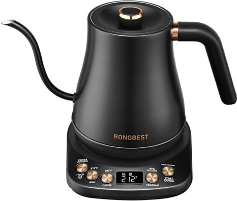 RONGBEST Electric Gooseneck Kettle 1L, 6 Temperature Control Presets, 1200W Quick Heating Water Pour Over Coffee & Tea Pot with Auto Shut-off & Keep-warm, Stainless Steel Inner & Lid, Matte Black