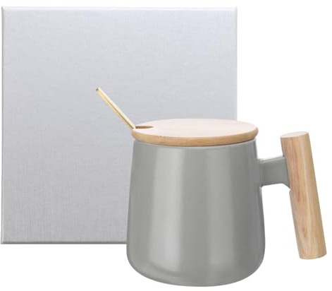 sourcing map Keramik-Kaffeetassen-Set, 365 ml, einfacher Holzgriff, große Teetasse, handgefertigte Keramiktassen, Geschenkbox mit Deckel und Löffel, für Büro, Küche, Zuhause und Geschenke für Damen