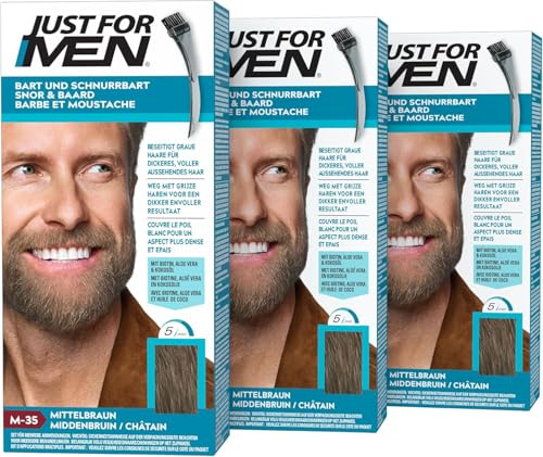 Just For Men Barbe & Moustache, Gel colorant pour Barbe Homme, Sans Ammoniaque, Élimine les Poils Blancs, Avec Peigne Applicateur, Rápide et Facile, Châtain Moyen M35 - (3 pack)
